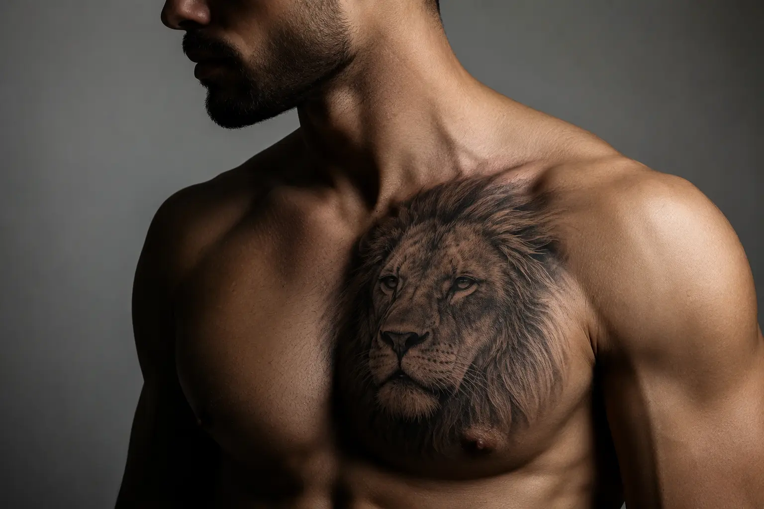 6a6b68ae-9519-4d41-ba5c-915a250e7db3 Muscular shirtless man with realistic lion chest tattoo on left pectoral, dark studio portrait | Sky Rye Design Muscular shirtless man with realistic lion chest tattoo on left pectoral, dark studio portrait
