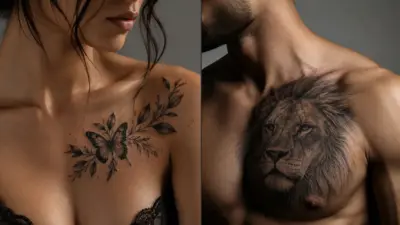Side-by-side chest tattoos: woman's floral butterfly shoulder tattoo and man's realistic lion chest tattoo, black and gray