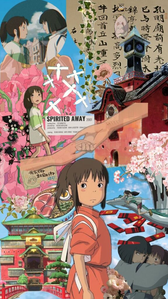 Collage of scenes from Spirited Away featuring characters, cherry blossoms, and iconic architecture.