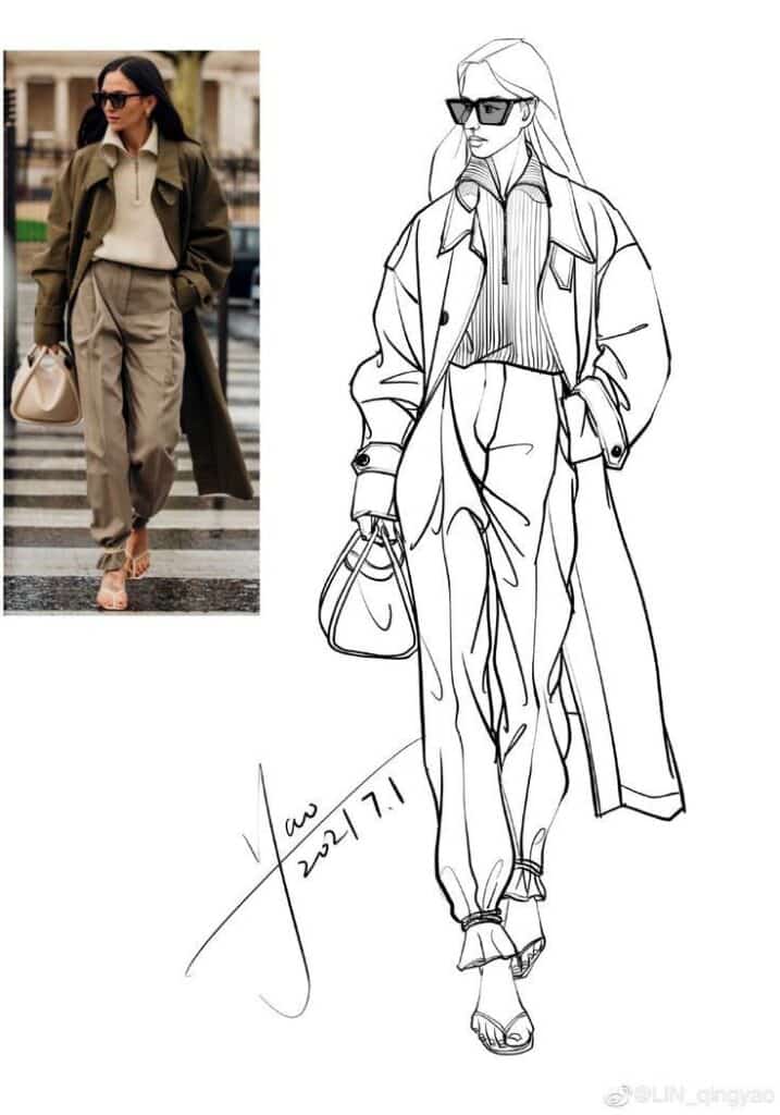 Fashionable outfit comparison: Woman in trench coat and trousers, with a matching line drawing. Drawing People