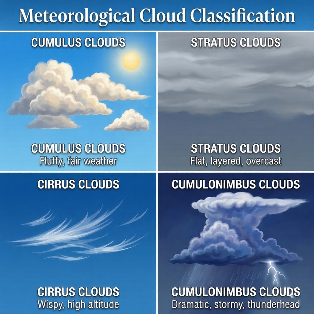 Meteorological cloud classification infographic: cumulus (fluffy), stratus (flat/overcast), cirrus (wispy), cumulonimbus (stormy thunderhead).
