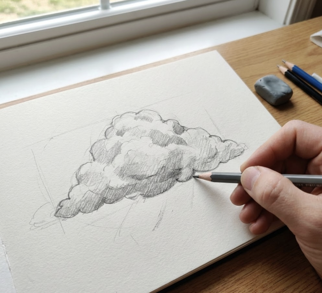 Pencil cloud sketch in sketchbook: hand shading a realistic cloud with pencil on wooden desk by window, eraser and pencils nearby