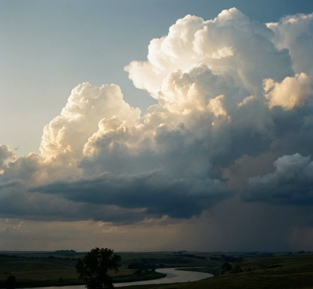 Towering storm clouds lit by golden sunset over a winding river and rolling green valley—dramatic sky before an approaching rainstorm.