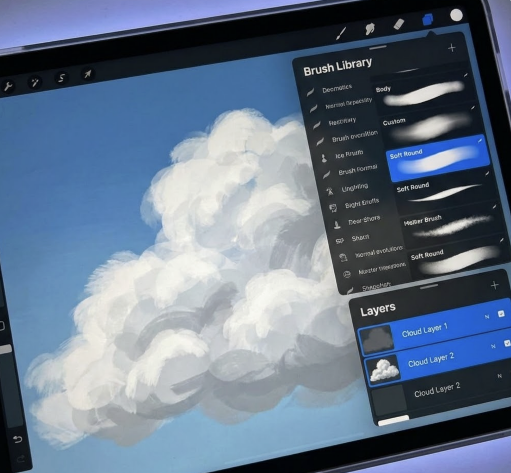 Tablet screen showing digital cloud painting in a drawing app with brush library, soft-round brush selected, and layers panel visible.