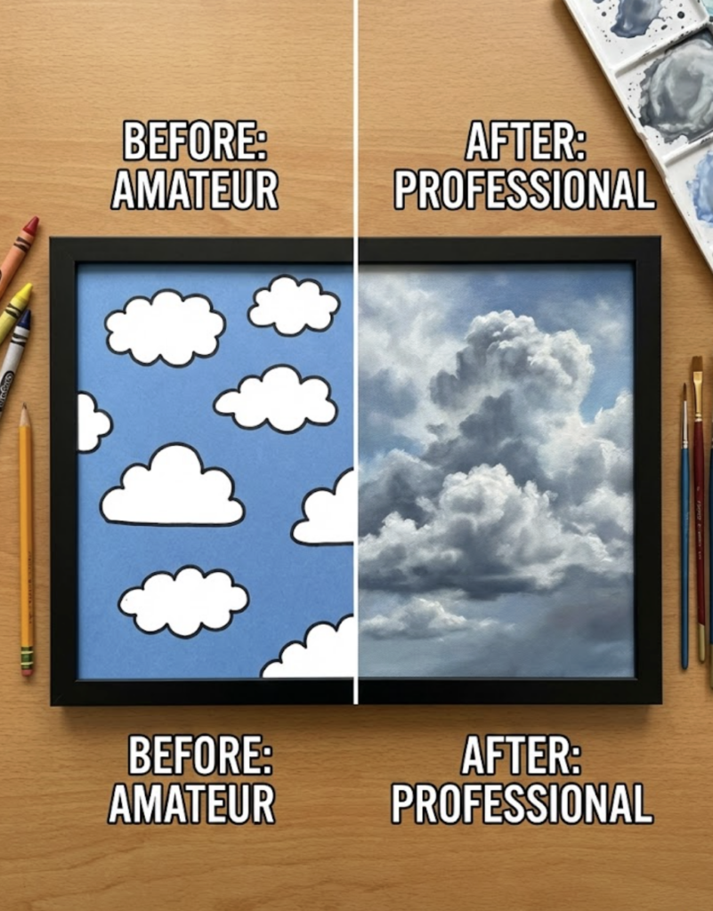 Before-and-after cloud painting: split framed art showing cartoon clouds vs realistic painted clouds, with pencils and brushes