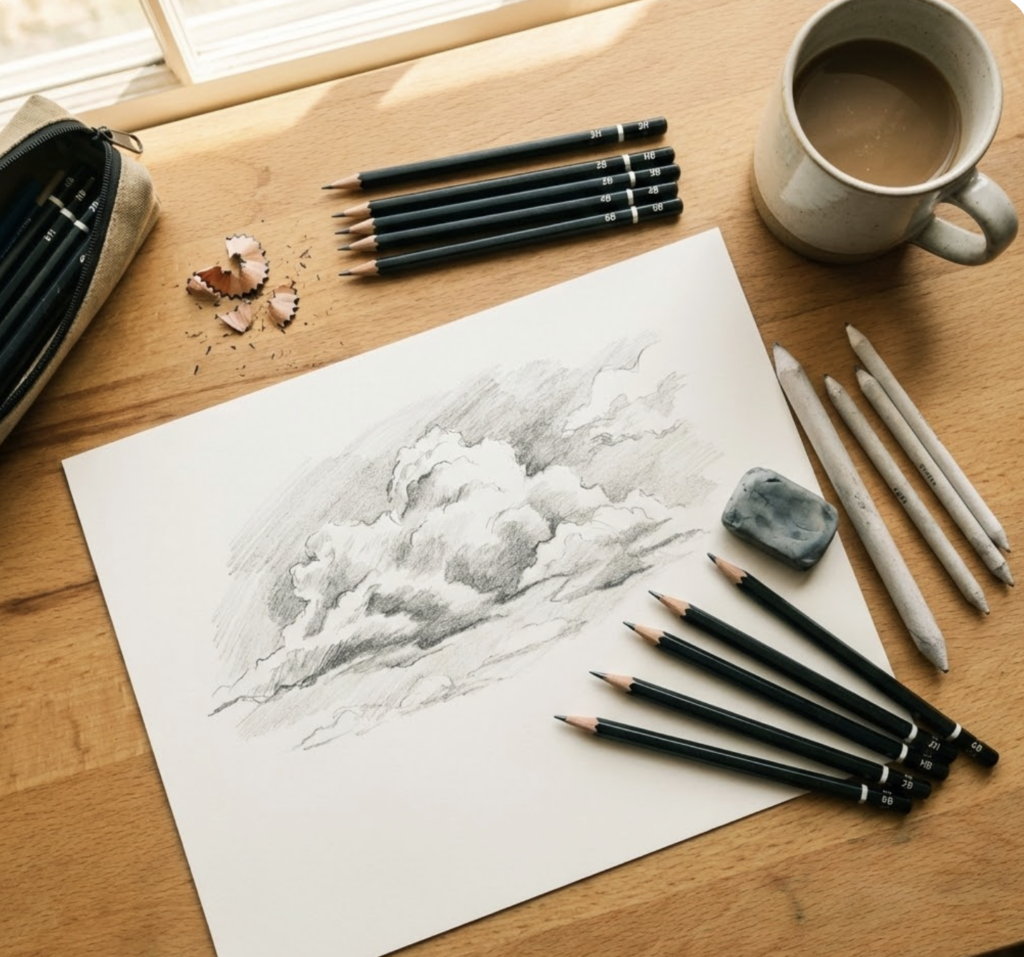 Top-down view of a cloud pencil sketch with graphite pencils, blending stumps, kneaded eraser, pencil shavings and a coffee mug on a wooden desk