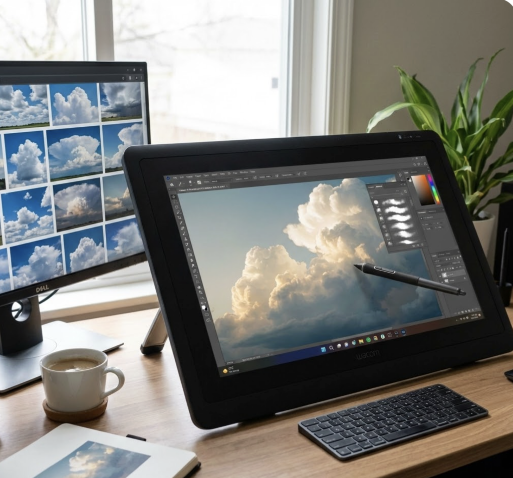 Wacom drawing tablet on desk with stylus editing dramatic cloud photo in Photoshop, second monitor with cloud thumbnails, keyboard and coffee