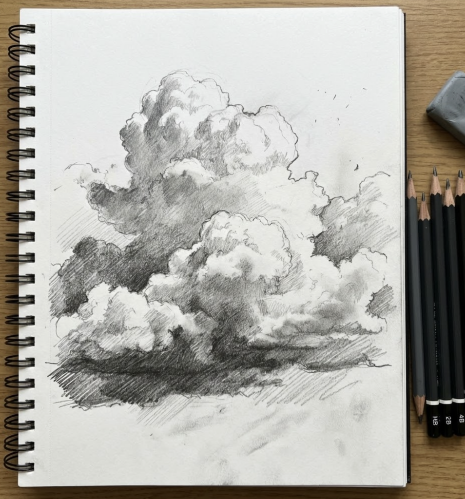 Graphite cloud sketch in spiral sketchbook, realistic pencil drawing of billowing clouds with graphite pencils and eraser on wooden desk.