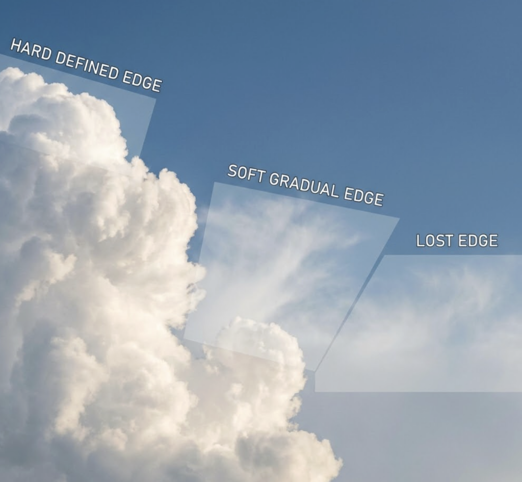Cloud edge types infographic: hard defined edge, soft gradual edge, and lost edge over blue sky with billowing white clouds