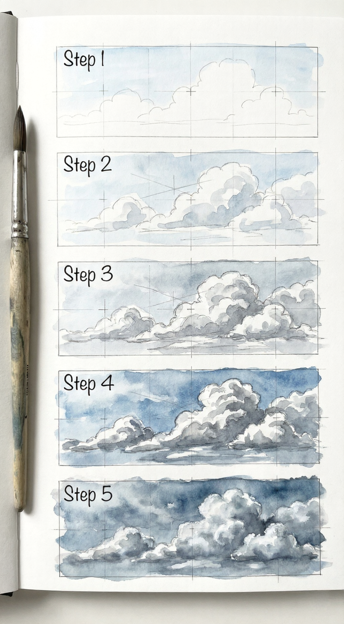 Watercolor cloud tutorial - five-step sketchbook sequence with brush, showing progression from pencil outlines to finished painted clouds.