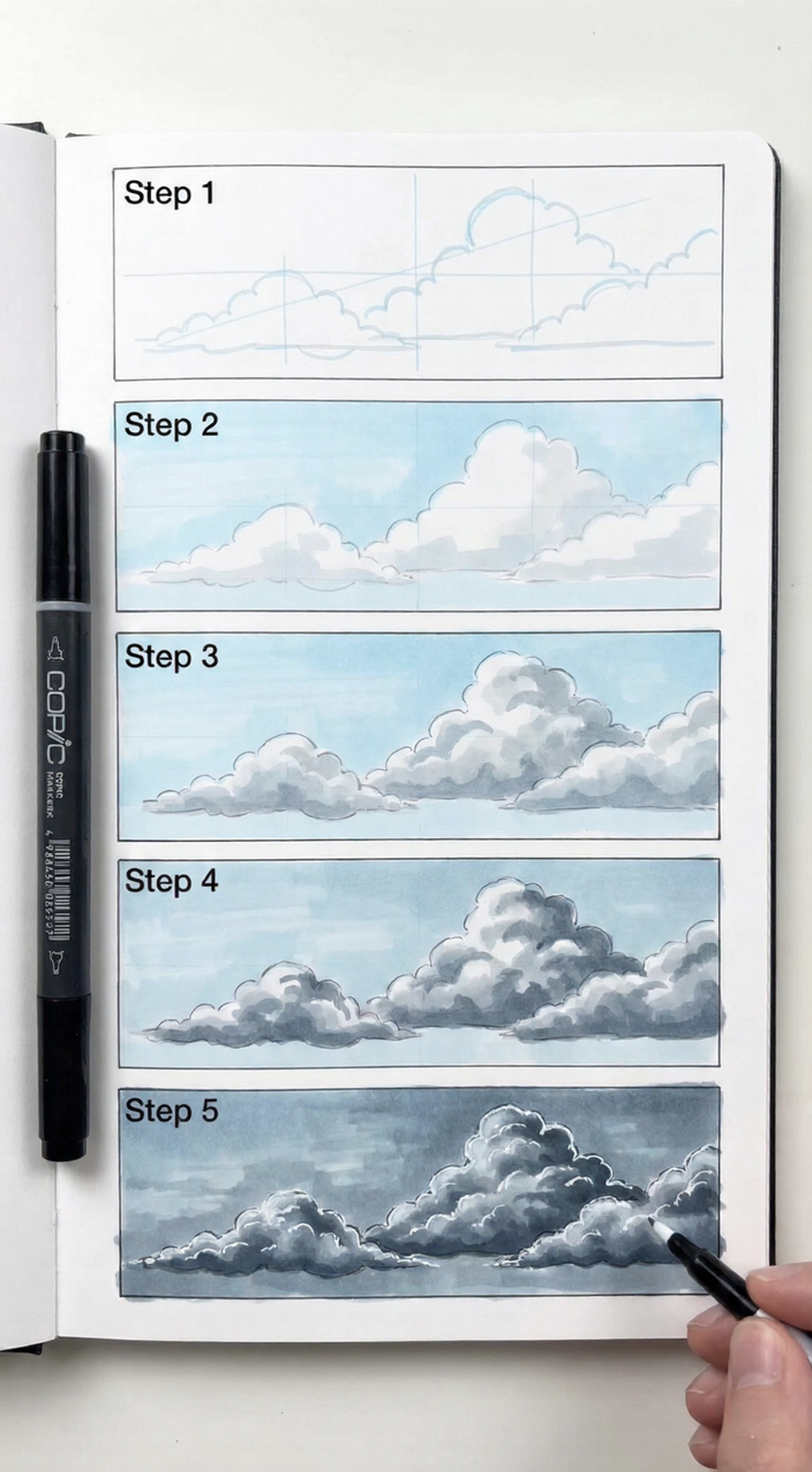Step-by-step cloud drawing tutorial in a sketchbook: five panels showing progression from light sketch to detailed shaded storm clouds, Copic marker at side.