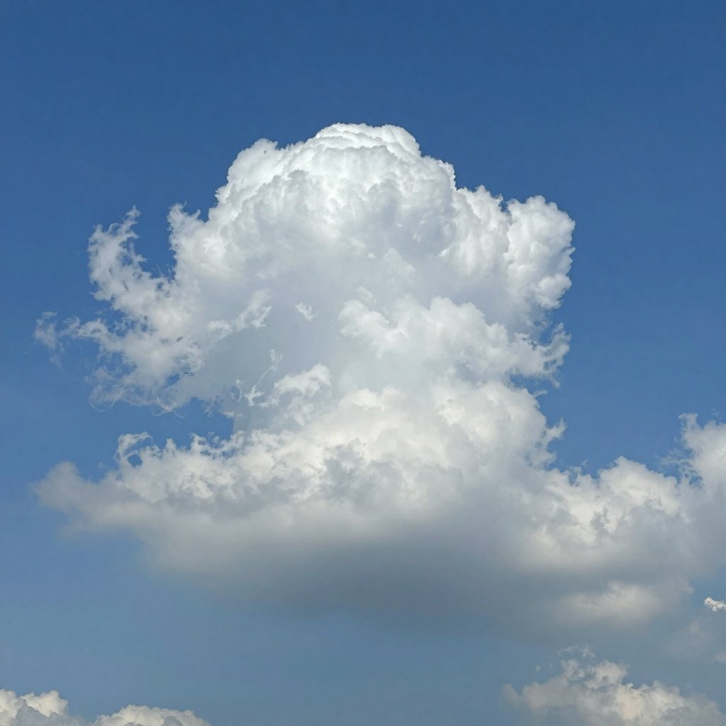 Large towering white cumulus cloud against bright blue sky, puffy summer cloudscape ideal for weather, nature, and background imagery