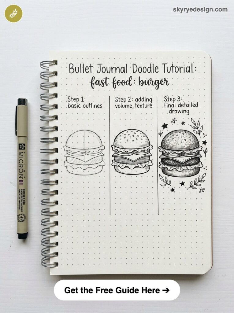 Bullet journal doodle tutorial: step-by-step burger drawing from basic outline to final detailed sketch with pen