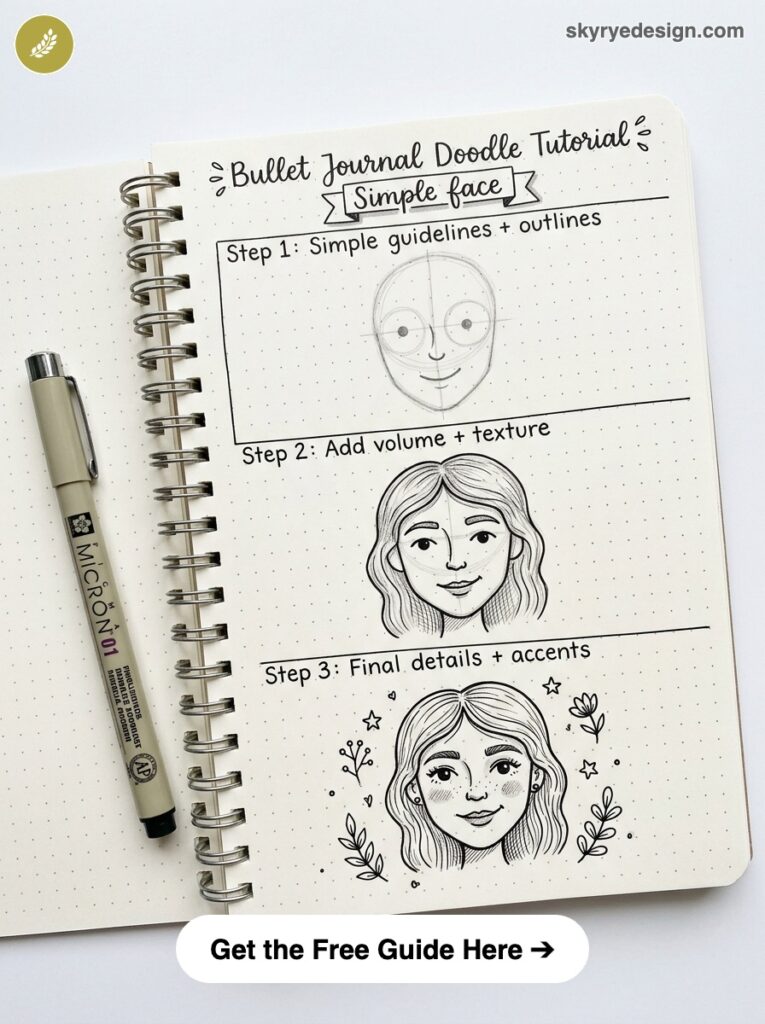 Bullet journal face tutorial: 3-step doodle from guidelines to final detailed face on dotted notebook with pen