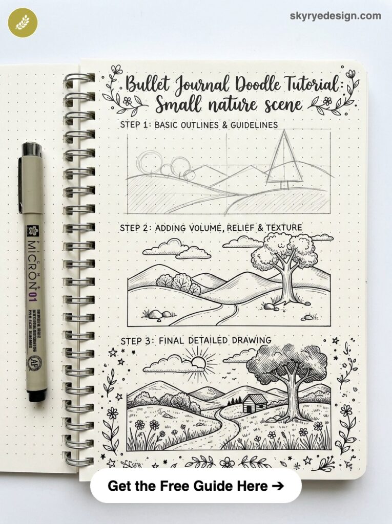 Bullet journal doodle tutorial: step-by-step small nature scene sketches in dot-grid notebook with Micron pen