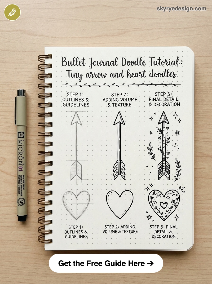 Bullet journal doodle tutorial showing step-by-step tiny arrow and heart doodles in dotted spiral notebook with pen.