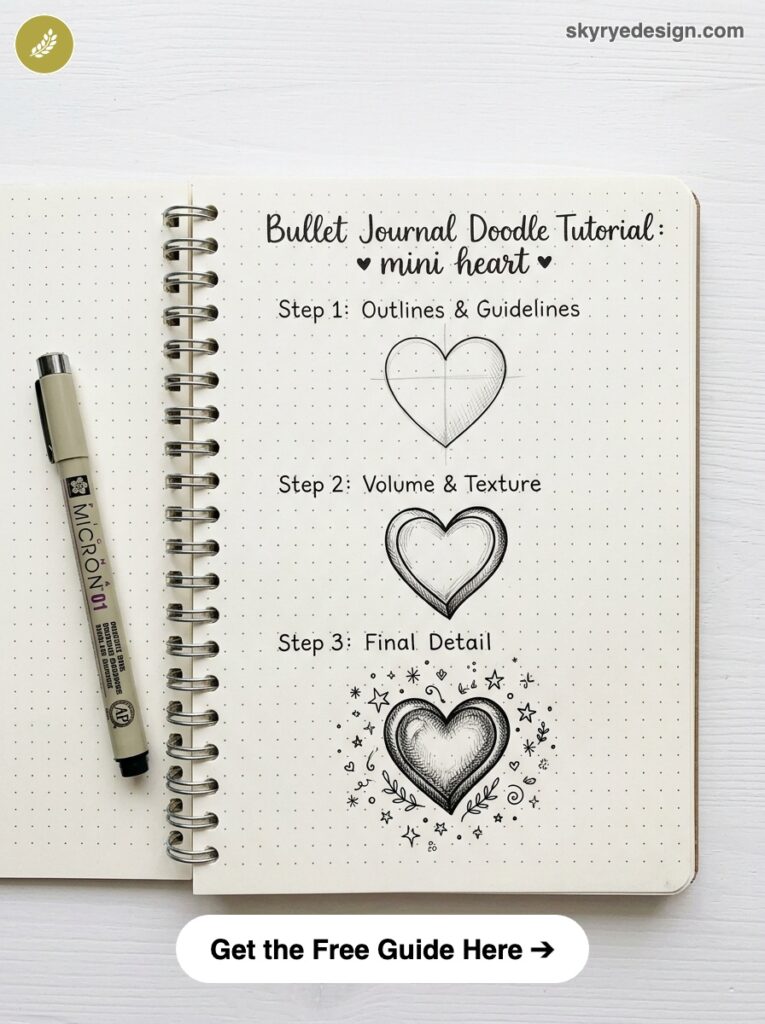 Bullet journal doodle tutorial: three-step mini heart drawing in dot-grid notebook with Micron pen
