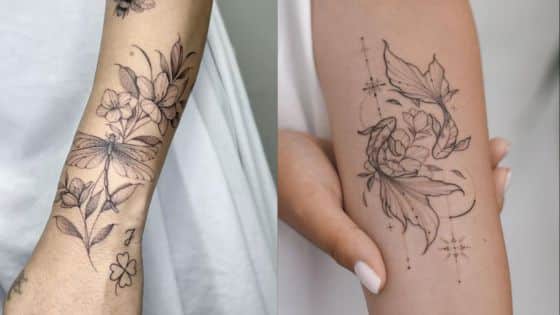 cool tattoos Floral and dragonfly forearm tattoos, featuring delicate linework and floral motifs on skin. | Sky Rye Design Floral and dragonfly forearm tattoos, featuring delicate linework and floral motifs on skin.