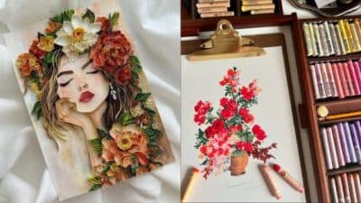 Colorful floral artwork: left, a woman's face with flowers; right, a floral painting with pastel colors on a clipboard.