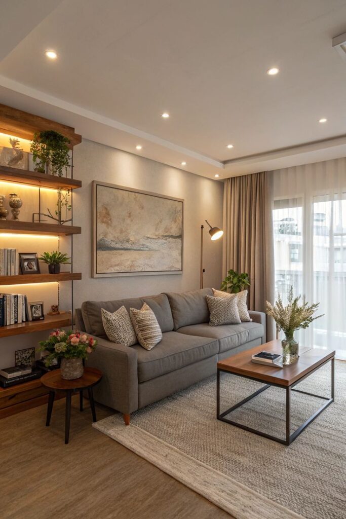 Stylish living room with a grey sofa, wooden shelves, and modern decor under soft lighting. Cozy and elegant interior.
