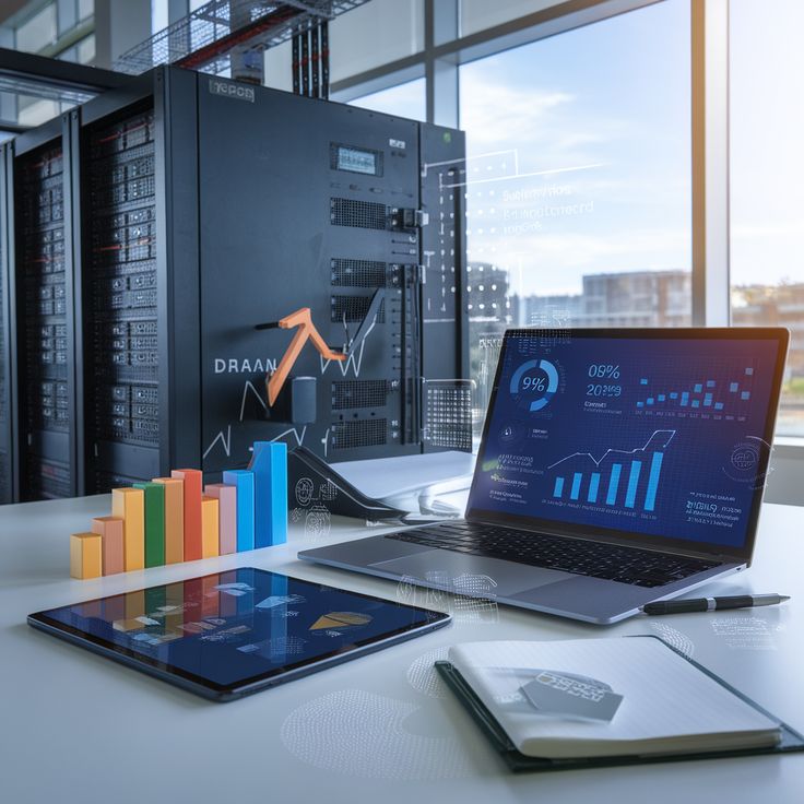 Laptop with data charts and graphs on desk in modern server room, illustrating technology and analytics insights.
