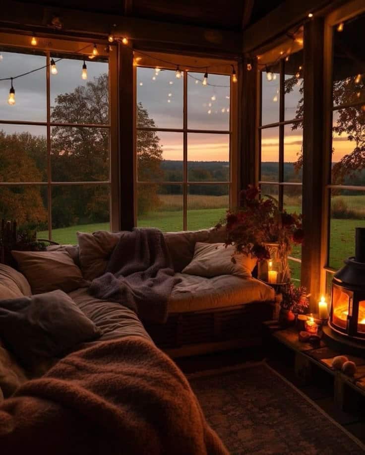 Cozy autumn evening in a cabin with warm lights, a comfy couch, blankets, and a scenic view through large windows.