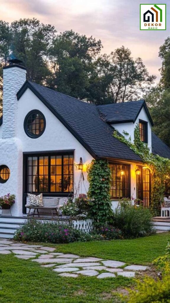 Charming white cottage with garden, black windows, and evening lights in a serene setting.