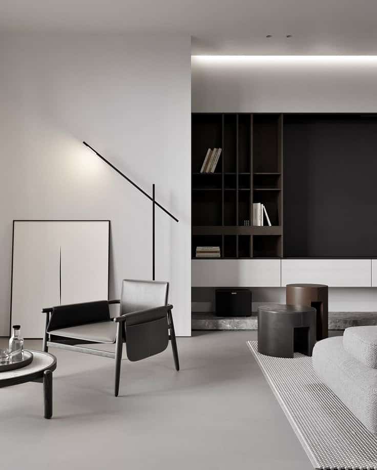 Modern minimalist living room with stylish furniture, sleek shelving, and contemporary decor elements.