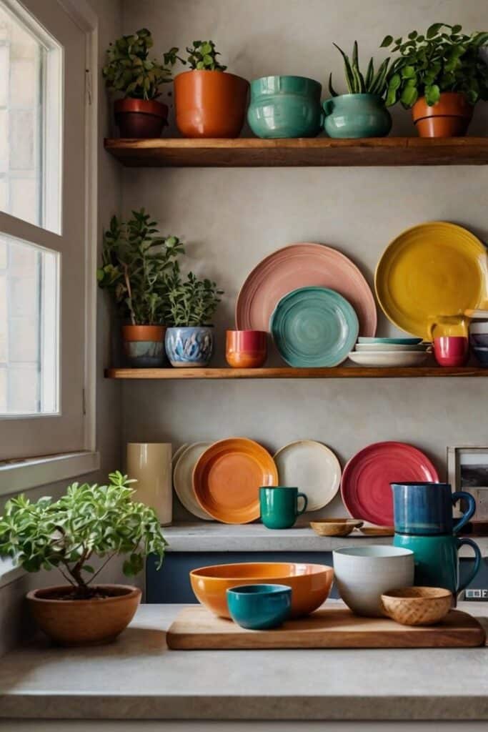 Colorful ceramic dishes on shelves with potted plants in a cozy kitchen setting. Bright and inviting home decor.