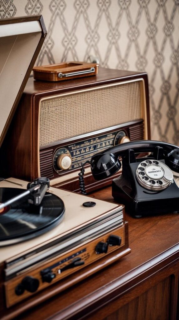 Vintage setup with a retro radio, rotary phone, and record player on a wooden surface. Classic nostalgia aesthetic.