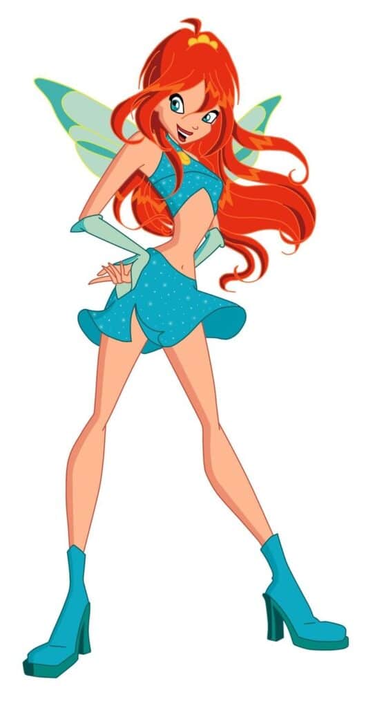 Animated fairy with red hair, blue outfit, and green wings striking a confident pose.
