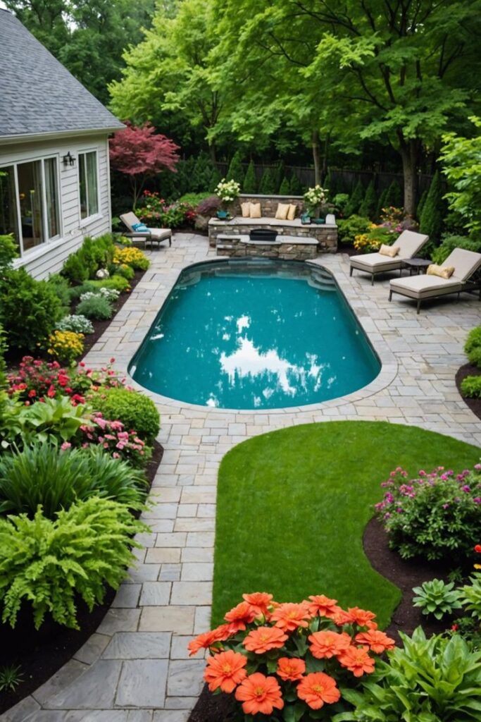 Lush backyard with small pool, stone patio, lounge chairs, and vibrant flowers surrounded by trees.