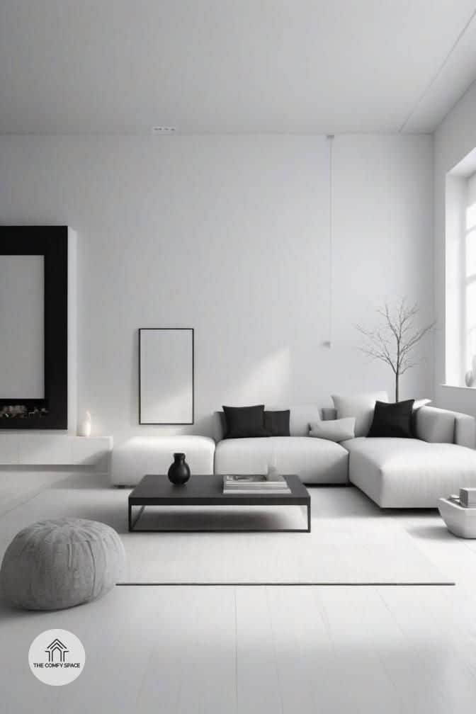 Minimalist living room with white sectional sofa, black accents, and a modern coffee table in a bright, airy space.