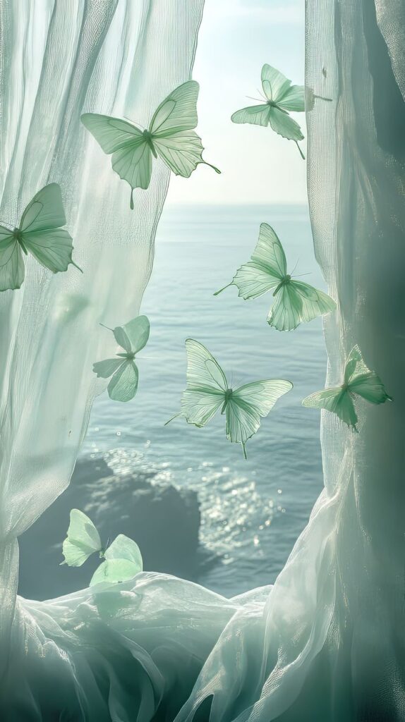 Ethereal butterflies flutter through sheer curtains with an ocean backdrop, creating a serene coastal scene.