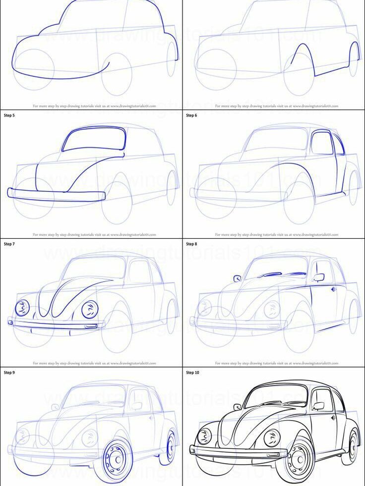 Step-by-step guide to drawing a car, showing progression from basic shapes to detailed vehicle illustration.