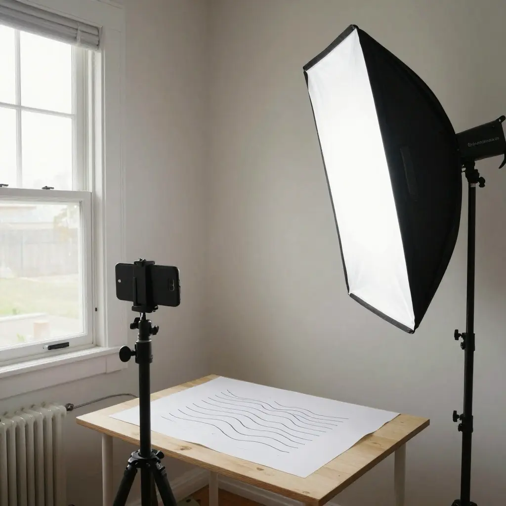 Home product photography setup: smartphone on tripod, softbox light, wooden table with paper backdrop for flatlay shots