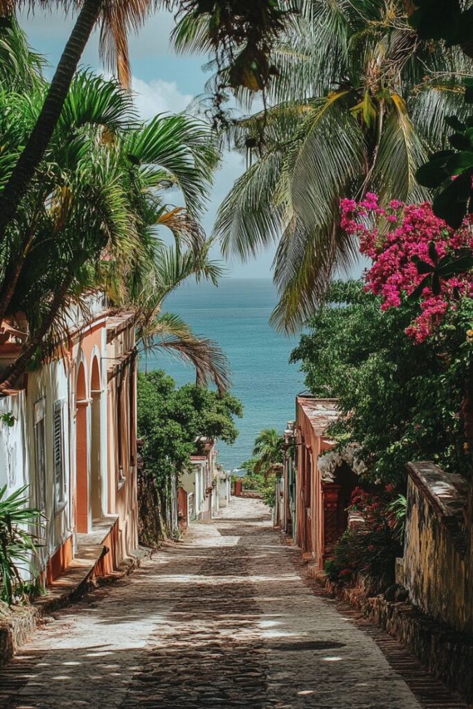 Charming cobblestone street with lush tropical plants leading to a scenic ocean view under a bright blue sky.