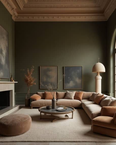 Elegant living room with a green accent wall, plush sectional sofa, coffee table, and large art pieces for cozy ambiance.