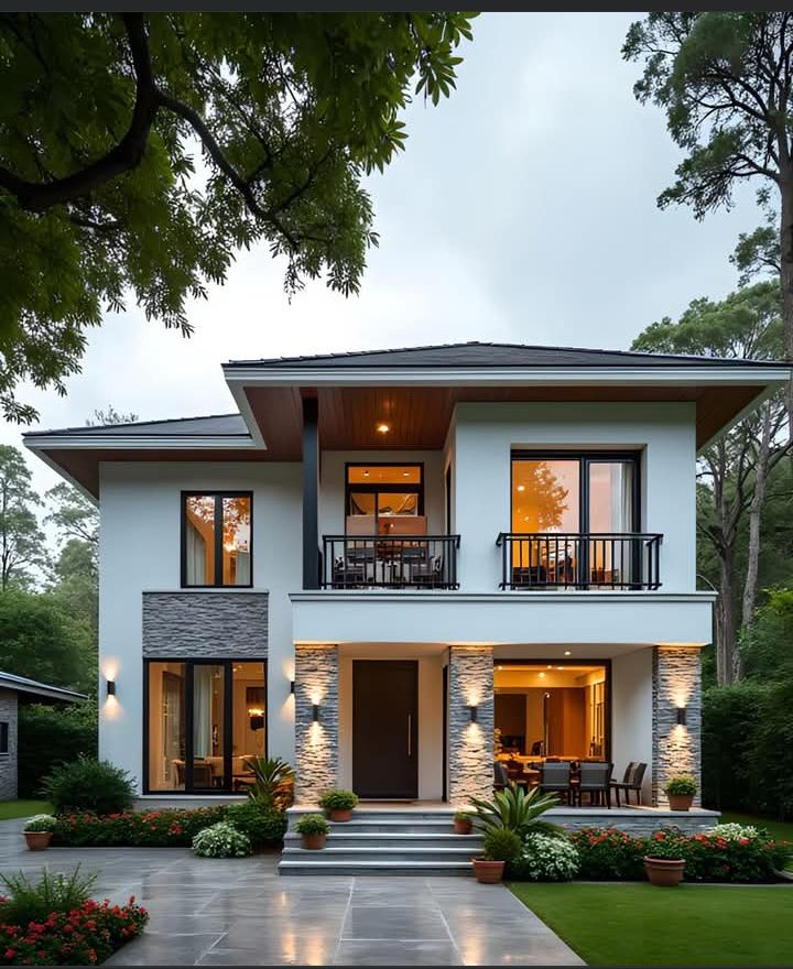 Modern two-story house with large windows, surrounded by lush greenery and outdoor lighting at dusk.