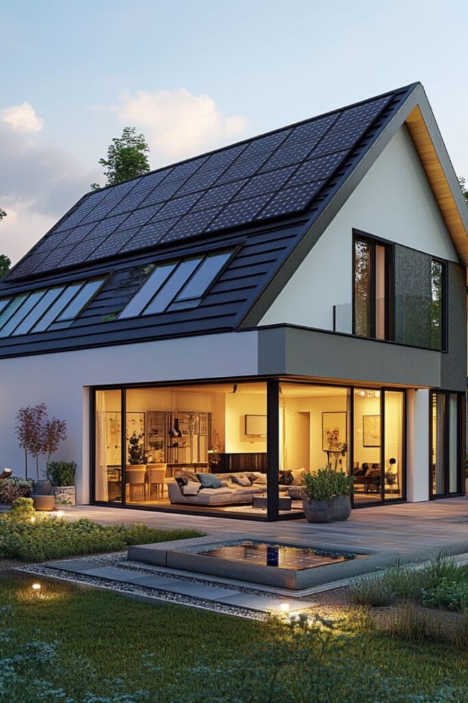 dbedbrs Modern eco-friendly house with solar panels, outdoor patio, and large windows, reflecting sustainable living. | Sky Rye Design Modern eco-friendly house with solar panels, outdoor patio, and large windows, reflecting sustainable living.