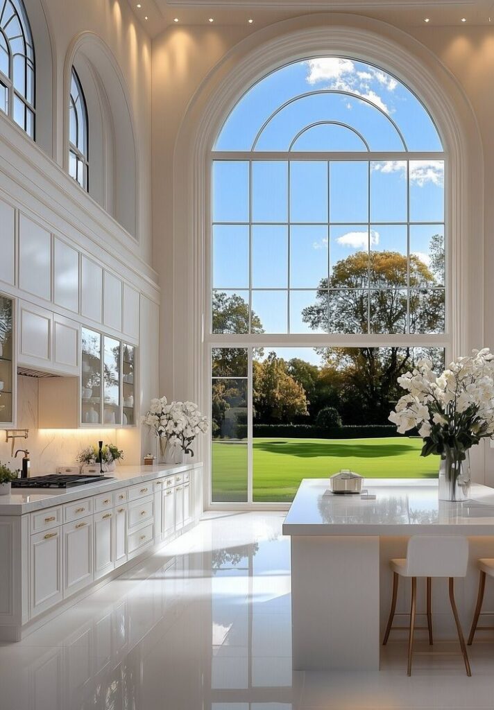 Luxurious white kitchen with large arched window, marble counters, and garden view on a sunny day.