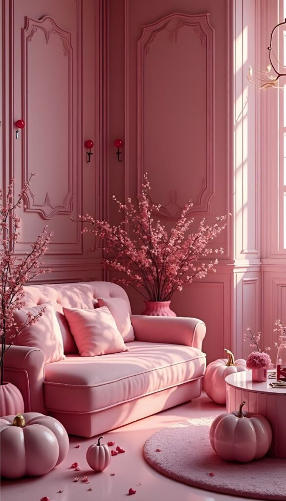 Elegant pink living room with matching sofa, pumpkins, and cherry blossom decor creating a cozy, warm atmosphere.