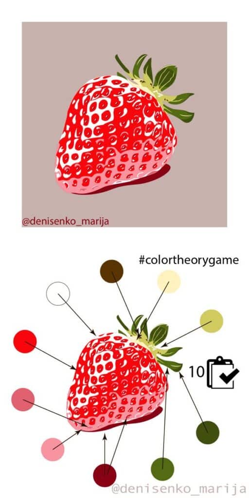 Illustrated strawberry with color swatches for a color theory game. Bright red shades and green leaf detail.