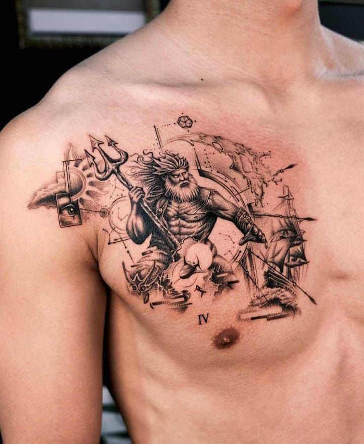 Chest tattoo featuring a detailed Neptune design with trident, compass, and ship elements.
