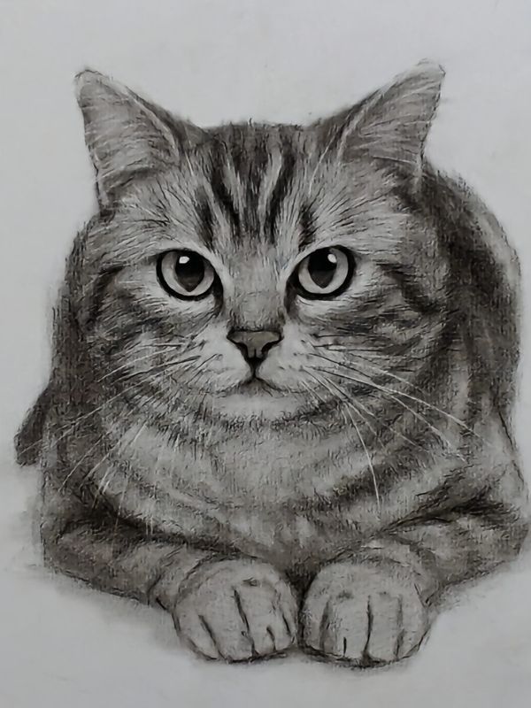Realistic pencil drawing of a tabby cat with striking eyes, lying down and looking directly at the viewer.