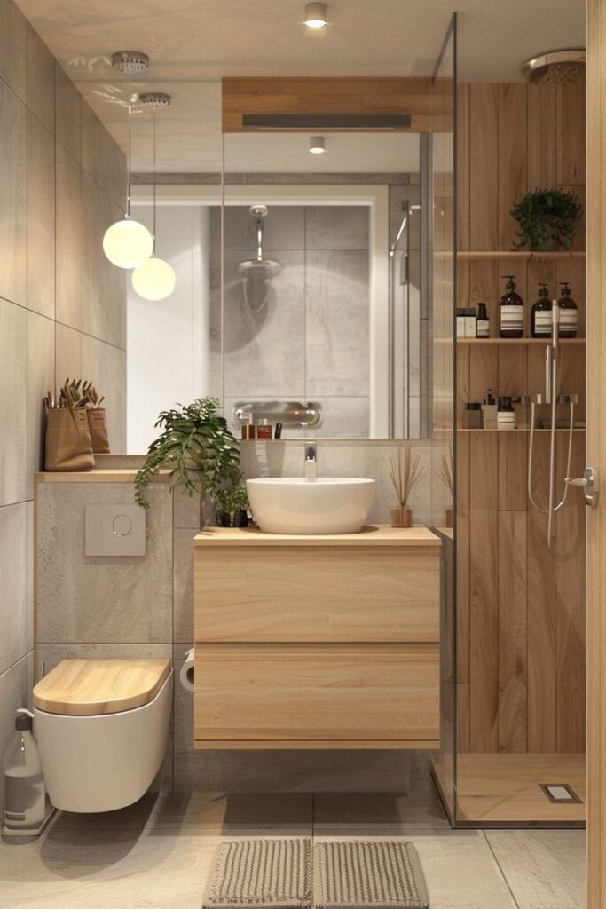 Stylish modern bathroom with wooden accents, white fixtures, and glass shower enclosure. Minimalist and elegant design.