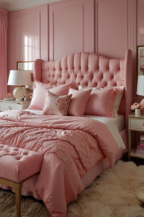Luxurious pink bedroom with tufted headboard, plush bedding, and elegant decor for a cozy and stylish ambiance.