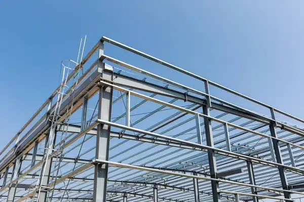 depositphotos_228212118-stock-photo-steel-structure-workshop-closeup Steel frame structure of a building under construction against a clear blue sky. | Sky Rye Design Steel frame structure of a building under construction against a clear blue sky.
