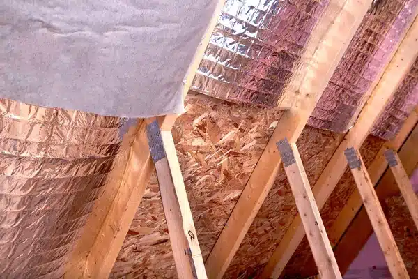 Attic insulation with reflective foil and wooden beams for energy efficiency and temperature control.