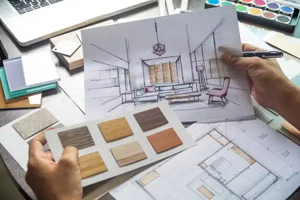 Architect holding interior design sketch and color palette samples in a creative workspace.